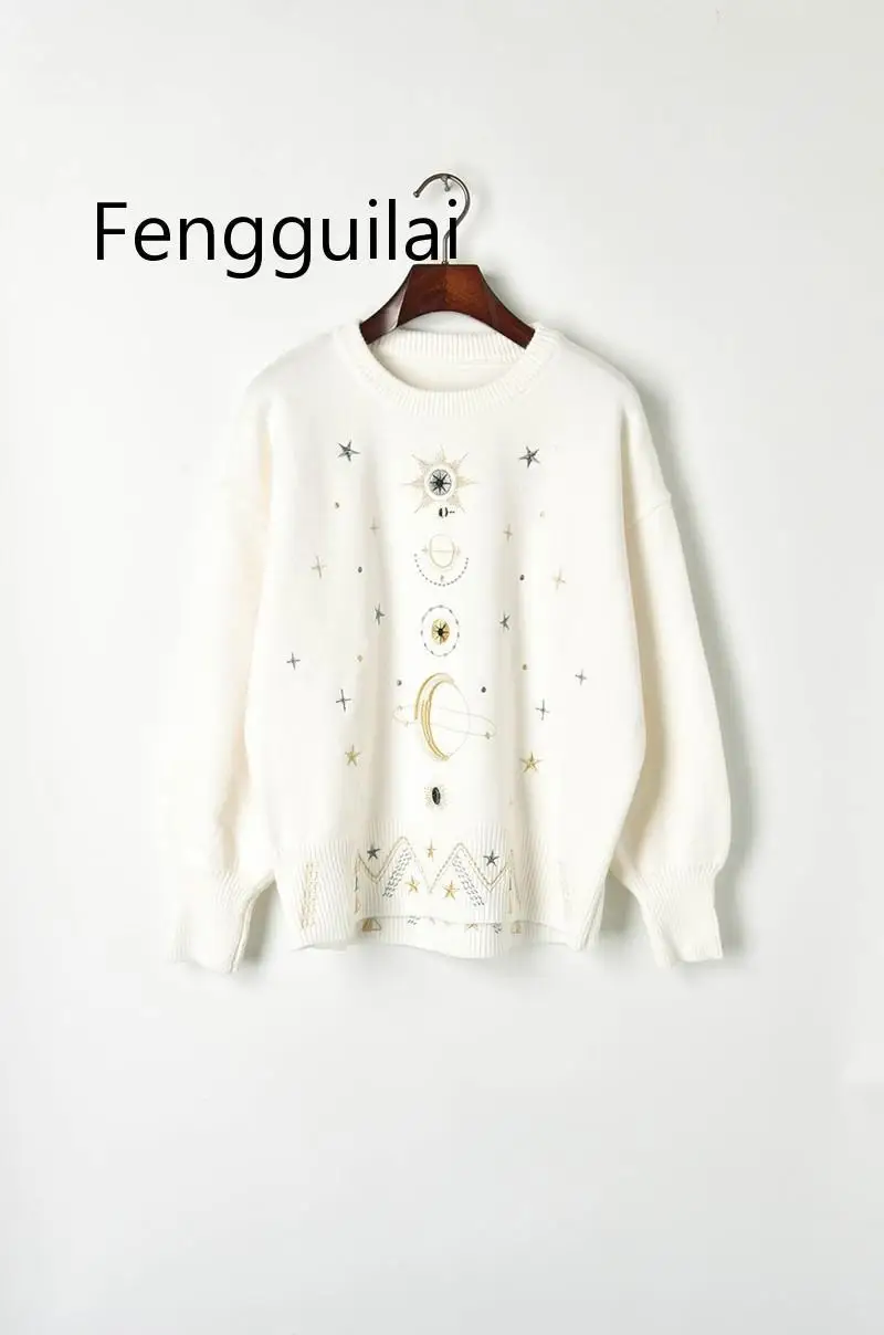 Fall Women Fashion Sweater Moon Star Embroidery Knitting Sweaters O-Neck Winter Warm Pullover Sweater Casual Girls Tops Sweater