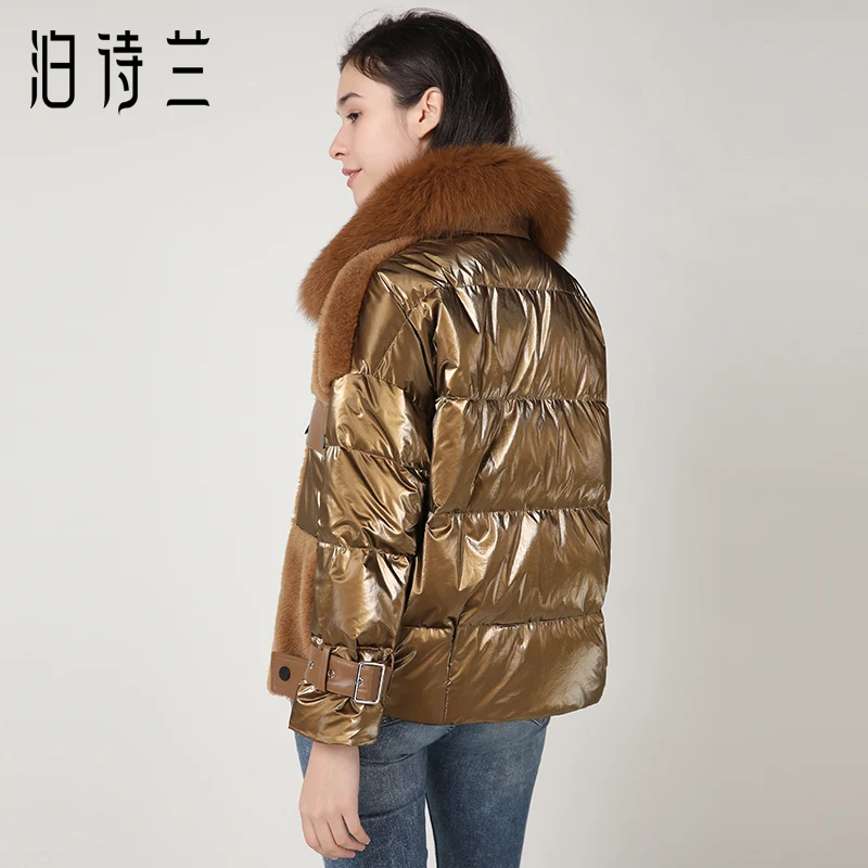 PTSLAN Women's Real Wool Fur Jacket Duck Down Coat Hooded New fashion