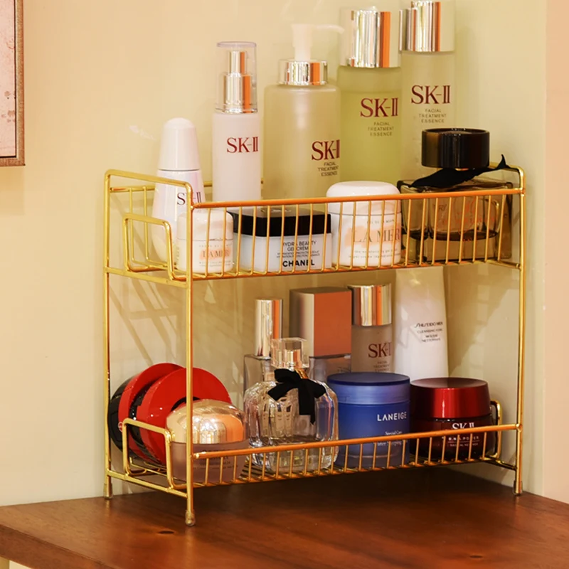 

2 Layers Metal Cosmetics Storage Rack Bathroom Makeup Organizer Kitchen Seasoning Iron Storage Shelves Makeup Organizer Box