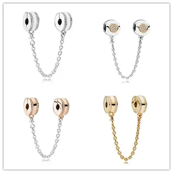 

925 Sterling Silver Charm Insignia With Crystal Safety Chain Clip Beads Fit Women Pandora Bracelet & Bangle Diy Jewelry