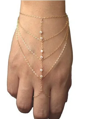 Горячий стиль модный бренд модный многослойный браслет инкрустированный белым кристаллом браслет, соединенный с кольцом на пальце