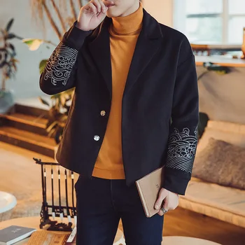 

2020 Autumn and Winter Men Chinese-style Seawater Tianya Embroidered Short Woolen Coat Men's Casual Fold-down Collar Woolen Coat