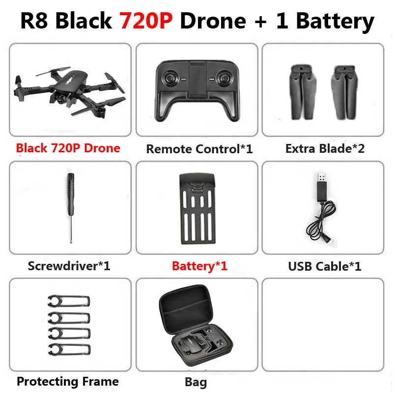R8 1808 Drone with Dual Camera 1080P 4K PX1600W HD WiFi FPV Optical Flow Automatic Beauty RC Quadcopter Helicopter XS816 SG106 - Цвет: 720P Black 1B Bag