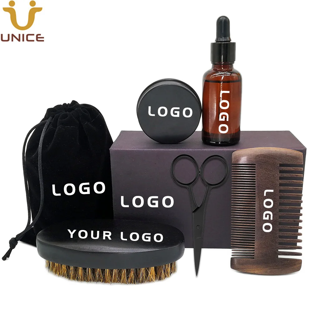 MOQ 100Pcs 7 in 1 OEM Custom LOGO All BLACK Wooden Beard Kit Brush Wood Comb Wax Oil Scissors Men Grooming