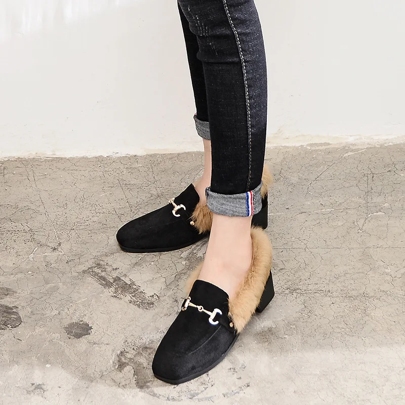 

A883 Korean-style-Style Single Shoes Women's Suede Low-Cut Slimming WOMEN'S Shoes Chunky-Heel Dehaired Angora Work Shoes Square