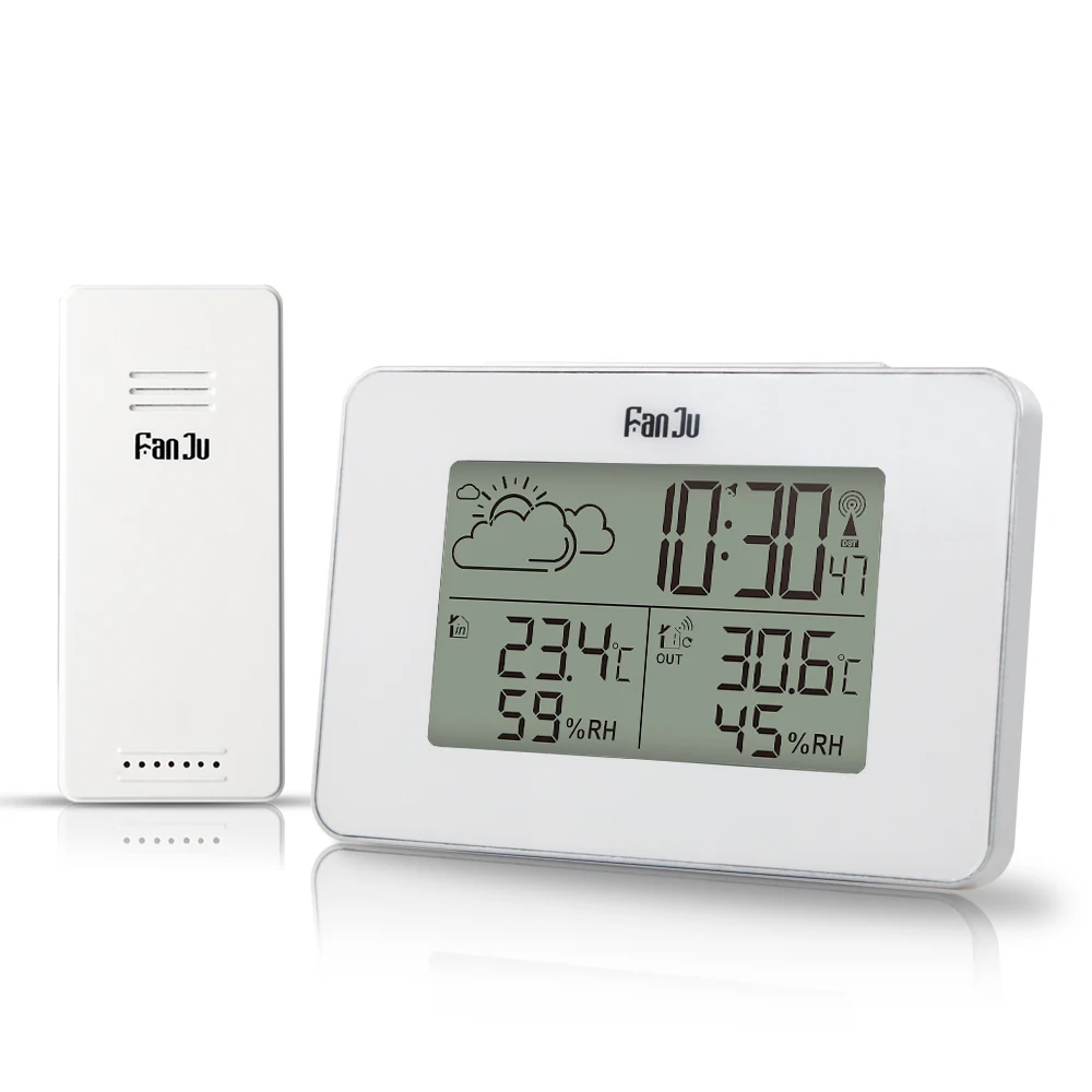 FanJu, ЖК-цифровой будильник, метеостанция, беспроводной датчик, гигрометр, термометр, электронное время, настольные часы, хит продаж