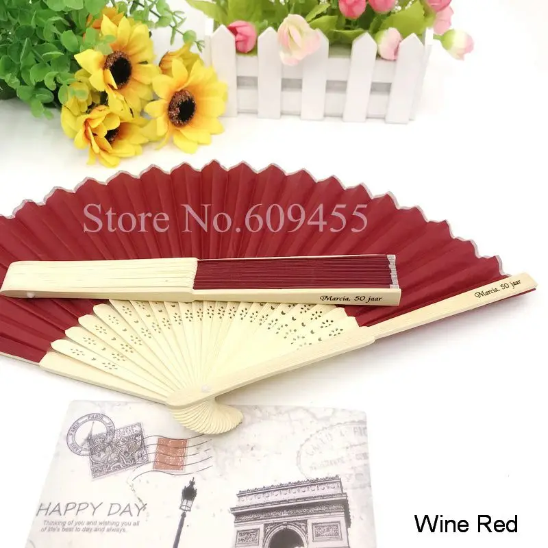 wine red 90 шт./лот индивидуальный вентилятор из шелковой ткани персонализированные свадебные складные веер ручной работы вечерние подарки для гостей - Цвет: wine red