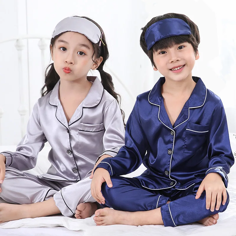 Демисезонный детское атласное Пижама детская пижама для мальчиков и девочек, однотонные утепленные шелк с длинными рукавами, комплект из 2 предметов, топы+ штаны, одежда для сна, пижама для детей