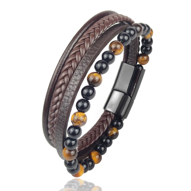 MingAo Fine Stainless Steel Jewelry Multi-Layered Men's Black Leather Beaded Bracelet High Quality Magnet Clasp Christmas Gift 14