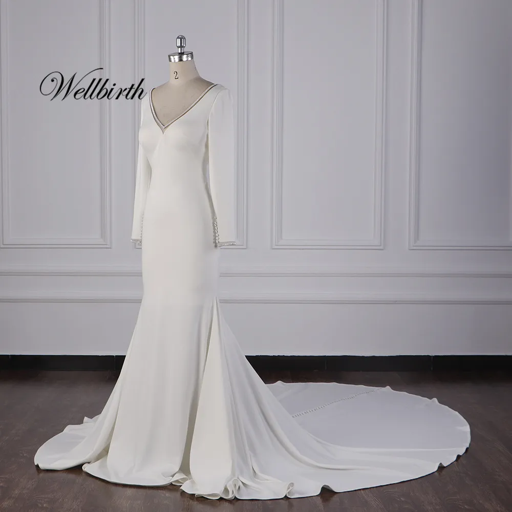 Реальное изображение Wellbirth Vestido de novia v-образный вырез Русалка свадебное платье js006