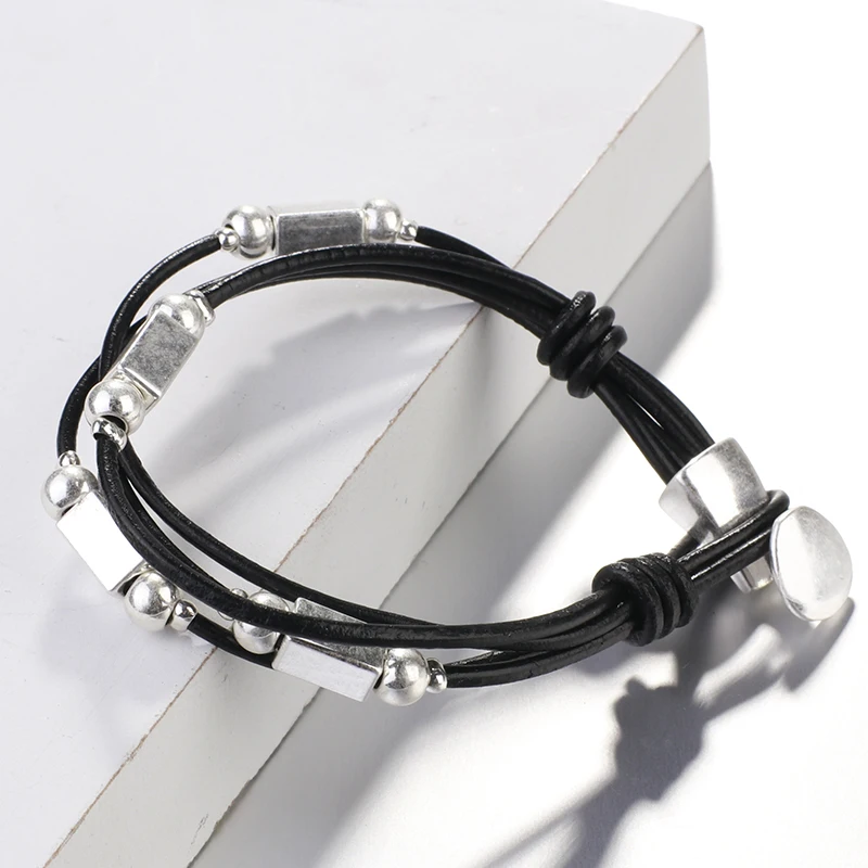 Женские кожаные браслеты ALLYES простые черные ручной работы с металлическими