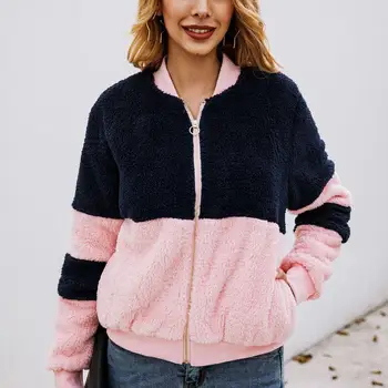 

Women Bomber Sleeve Pink Black Coat Fashion Zipper Fleece Notched Coat