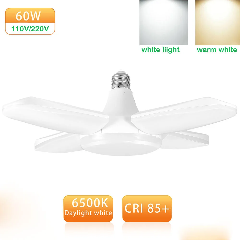 

E27 110V 220V LED Bulb Foldable Fan Blade Ceiling Light 4 Leaf UFO Lamp Garage Warehouse Indoor Lighting 60w Energy-saving Light