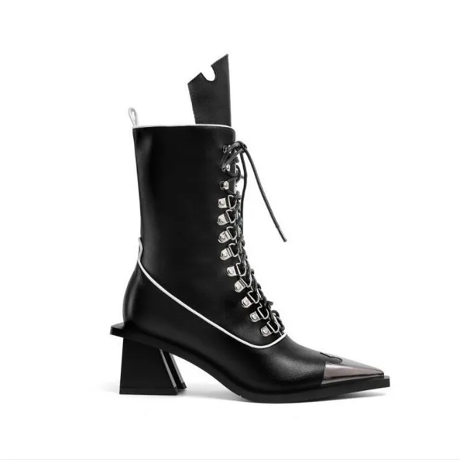 Женские ботинки до середины икры; chaussure; обувь в гладиаторском стиле; Винтажная обувь из искусственной кожи на среднем каблуке со шнуровкой; женская обувь; zapatos mujer sapato; H1078 - Цвет: black