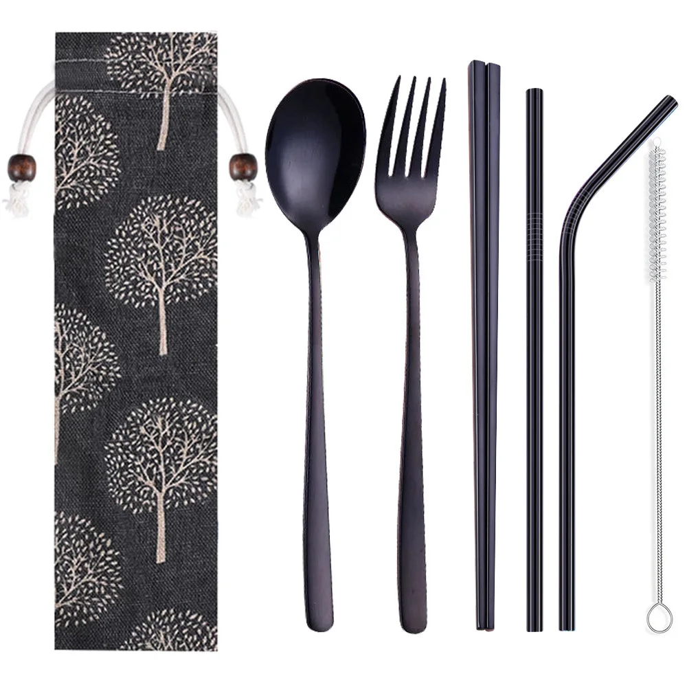 B5 6Pc/set Creative Stainless Steel Cutlery Set Spoon Fork Chopsticks Straw Brush Color Linen Bag Set Korean Spoon Fork Straw Set - Цвет: B5