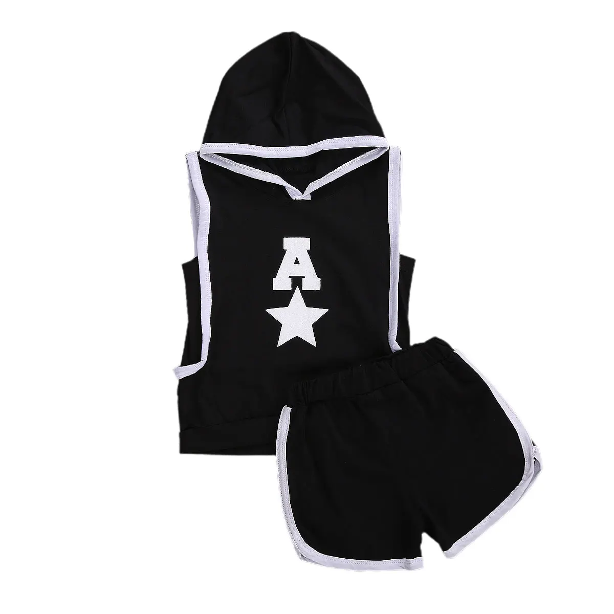 

0-4Years Baby Boys Sportwear Vest + Shorts 2Pcs Suit Fresh Letter Star Pattern Sleeveless Hooded Top and Elastic Waist Short