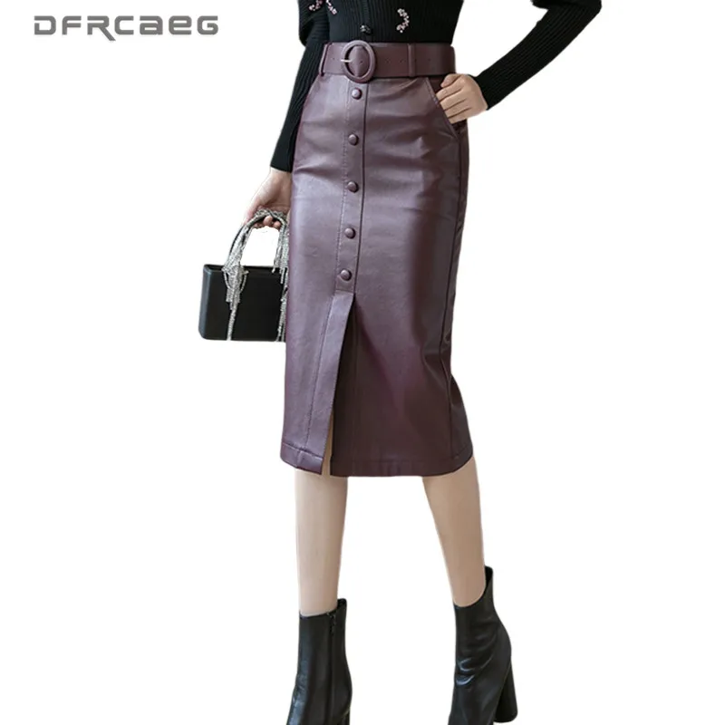 Free Belt Elegant Leather PU Long Skirt For Women 2020 Autumn Sexy Split Washed Winter Skirts Female Saias Longas Wine Red | Женская