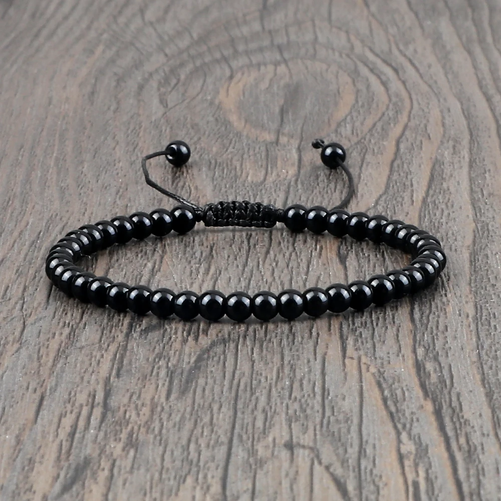 Beaded Bracelet Handmade 4 6 8mm Natural Stone Shiny Black Onyx Beads Bracelets & Bangles Adjustable Size Obsidian Wrist Jewelry