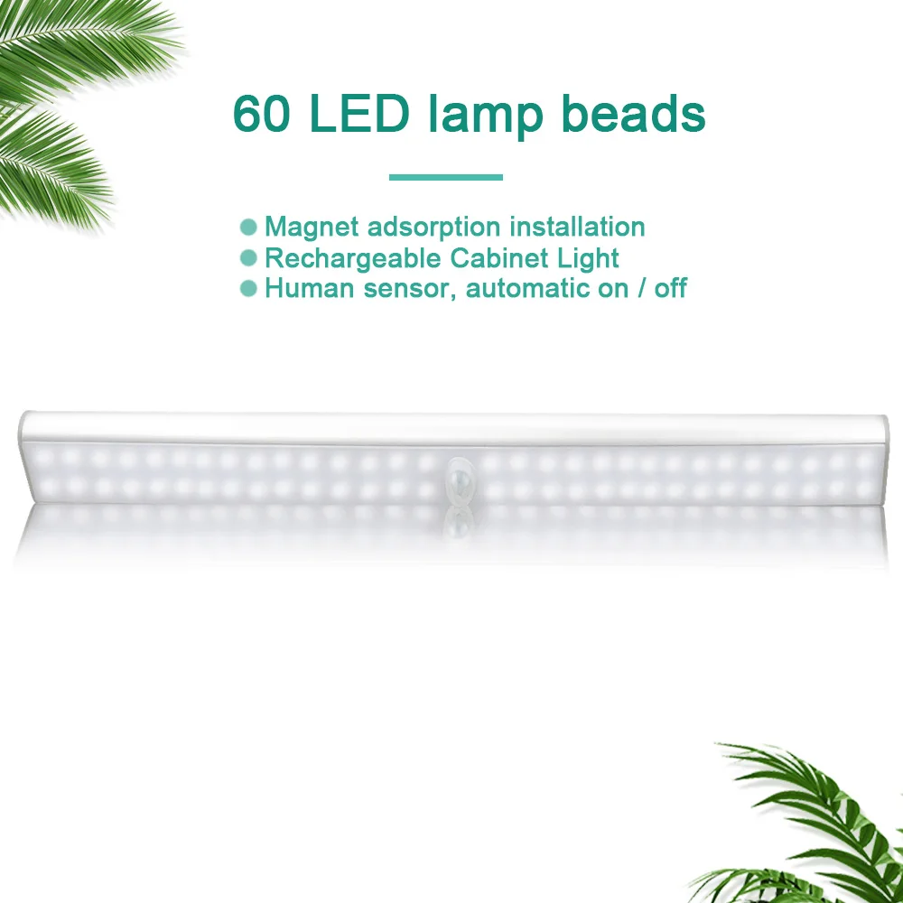 

24 40 60 LED Motion Sensor Cabinet Light USB Rechargeable Under Cabinet Lightening Stick-on Wardrobe Light with Magnetic