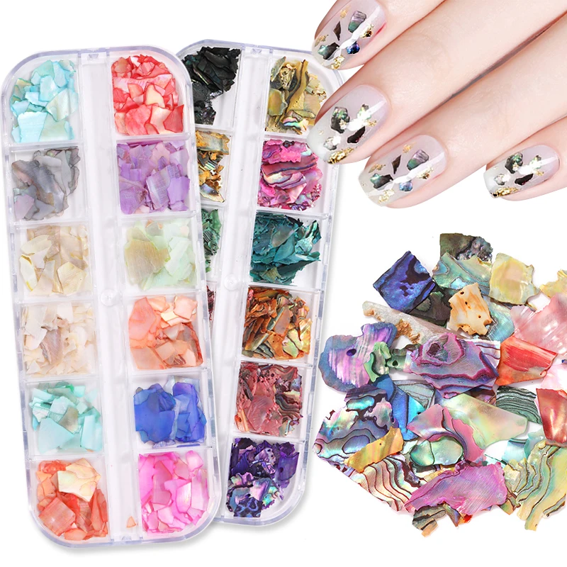 

12 IN ONE SET Grids Nail Decoration Irregular Shell Flake & Hollow Stud & Abalone Flake Ultra-thin Paillette for Nail Salon