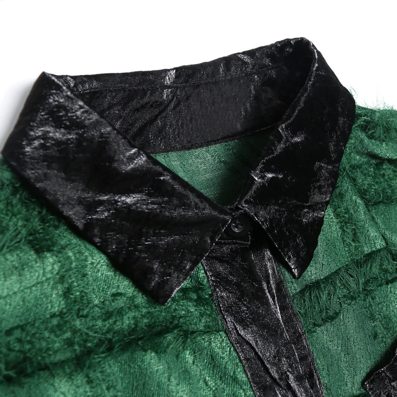 [EAM] женская зеленая Длинная блузка с кисточками большого размера, новая свободная рубашка с отворотом и длинным рукавом, модная весенняя Осенняя 1D618