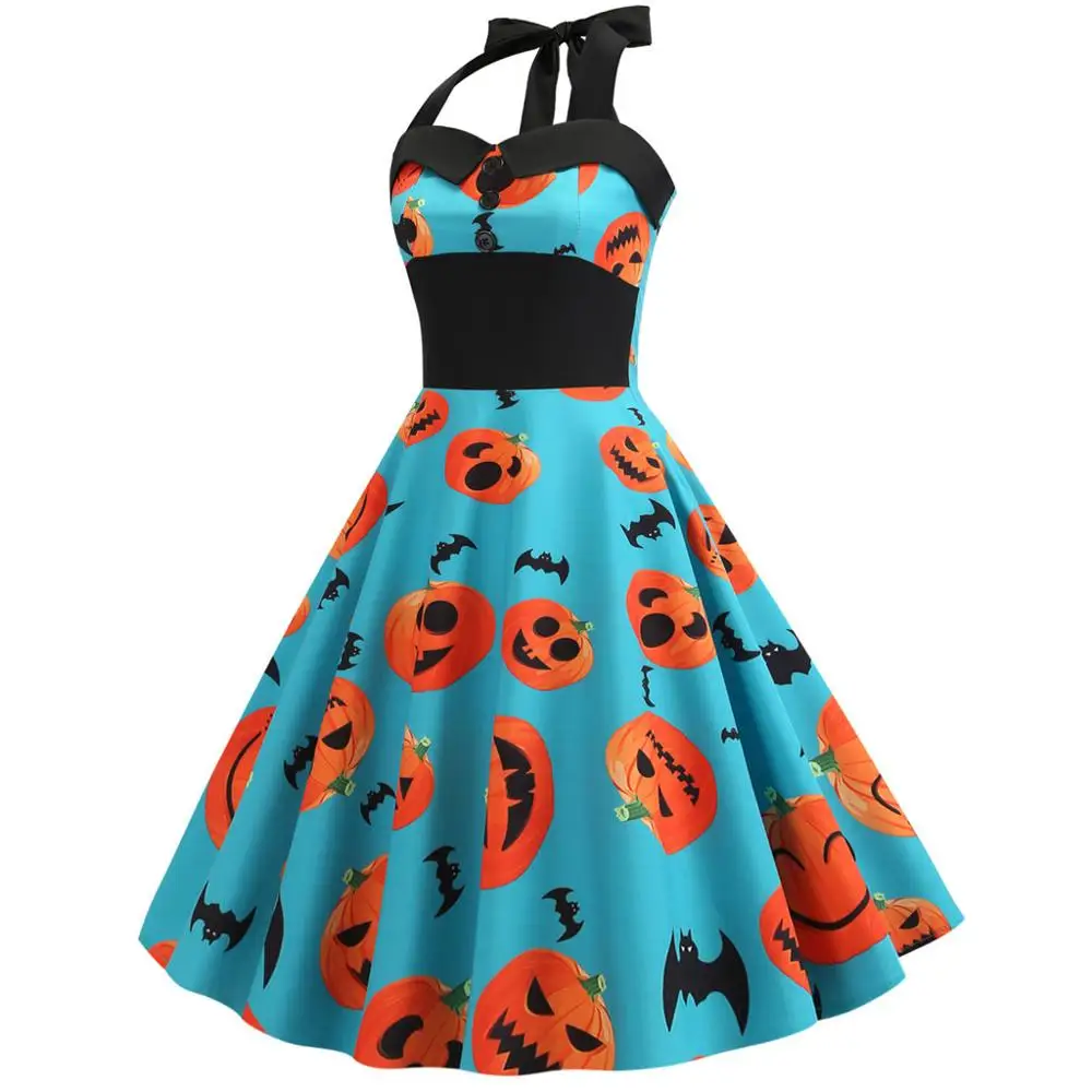 Женское платье, винтажный принт, Холтер, Хэллоуин, вечеринка, Свинг, костюмы на Хэллоуин для женщин, косплей, анимекапайн Америка#7