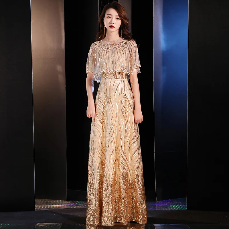 Золотистое вечернее платье с шалью новинка 2020 банкетное Элегантное Длинное