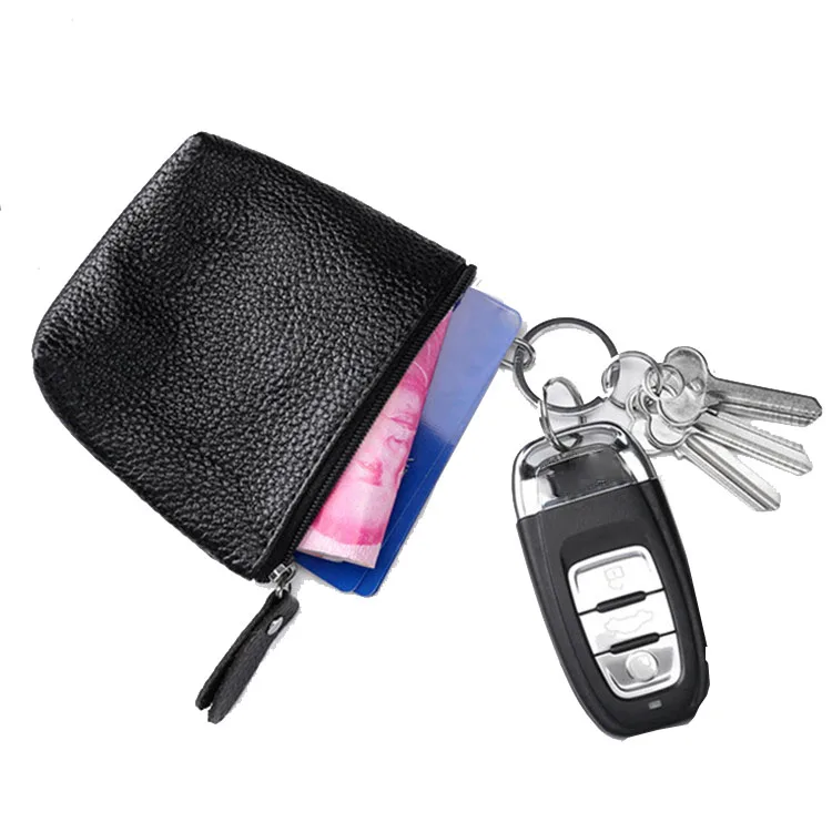 

Unisex Split Leather Key Coin Purses Women Men Functional Small Key Change Money Bags Pocket Zipper Card Wallet With Keychain