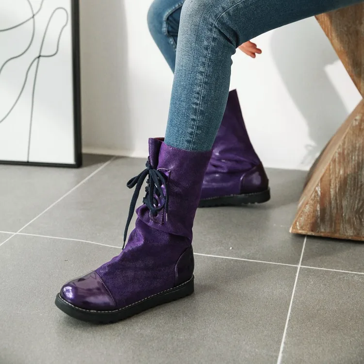Женские ботинки до середины икры; chaussure boots; низкий каблук; на шнуровке; сезон осень; увеличивающая рост обувь; женская обувь; zapatos mujer sapato; H441