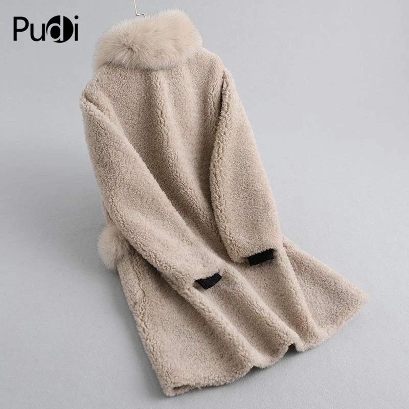 Pudi, Женское пальто из натуральной шерсти, куртка, зимняя, теплая, женская, из настоящей овечьей шерсти, пальто с натуральным лисьим меховым воротником, A19038