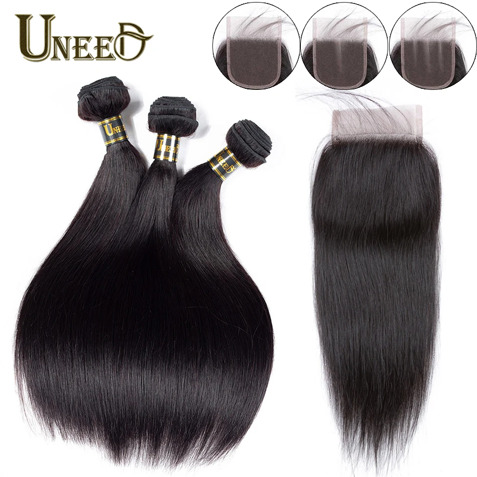 Uneed пряди волос с закрытием бразильские прямые волосы плетение 3/4 Remy 100%
