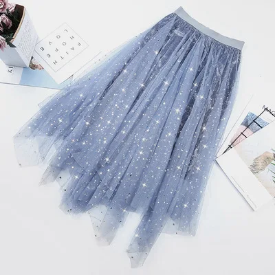 Blue Duckwaver Длинная женская юбка из тюля Весна Лето Градиент Корейский Элегантный Высокая талия трапециевидной формы плиссированная школьная женская Юбка-миди - Color: Blue