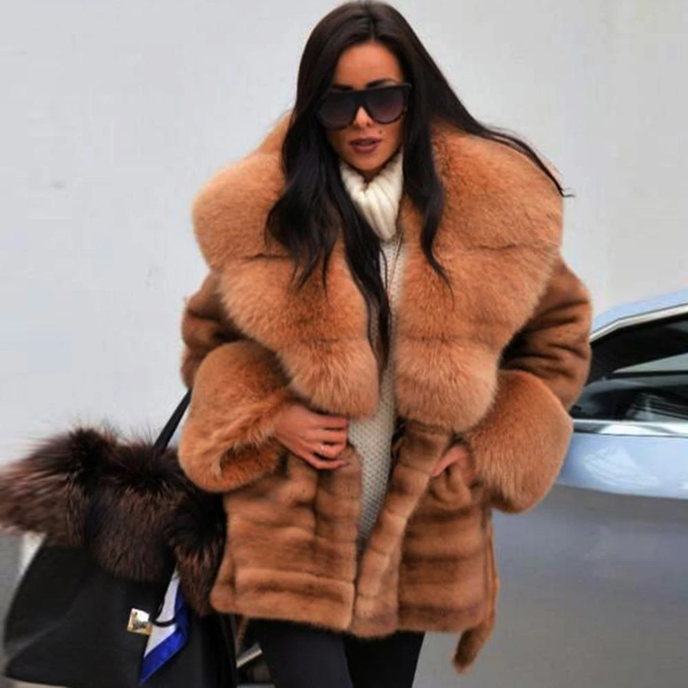 TOPFUR Winter Lapel Collar Real Fur Coat Women Natural Mink Fur Medium Coats With Belt Full Sleeves Coats With Fox Fur Hood