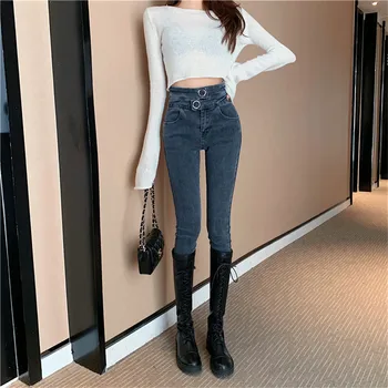 

Real shot 2019 new fashion temperament female retro high waist stretch wild jeans Korean Slim was thin feet pencil pants