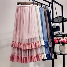 Весенняя женская бархатная юбка, Женская велюровая прошитая сетчатая юбка в складку, Дамская мода, с оборками, Двухслойная юбка средней длины