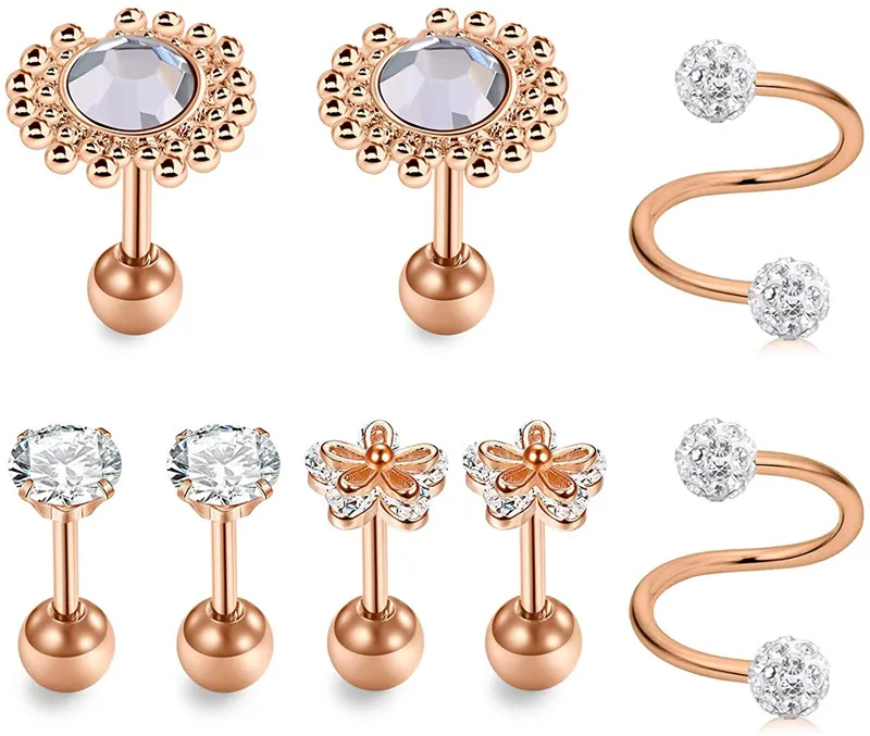 16g Spiral Cartilage Earrings Stud Earrings Flower Style Spiral Twisted