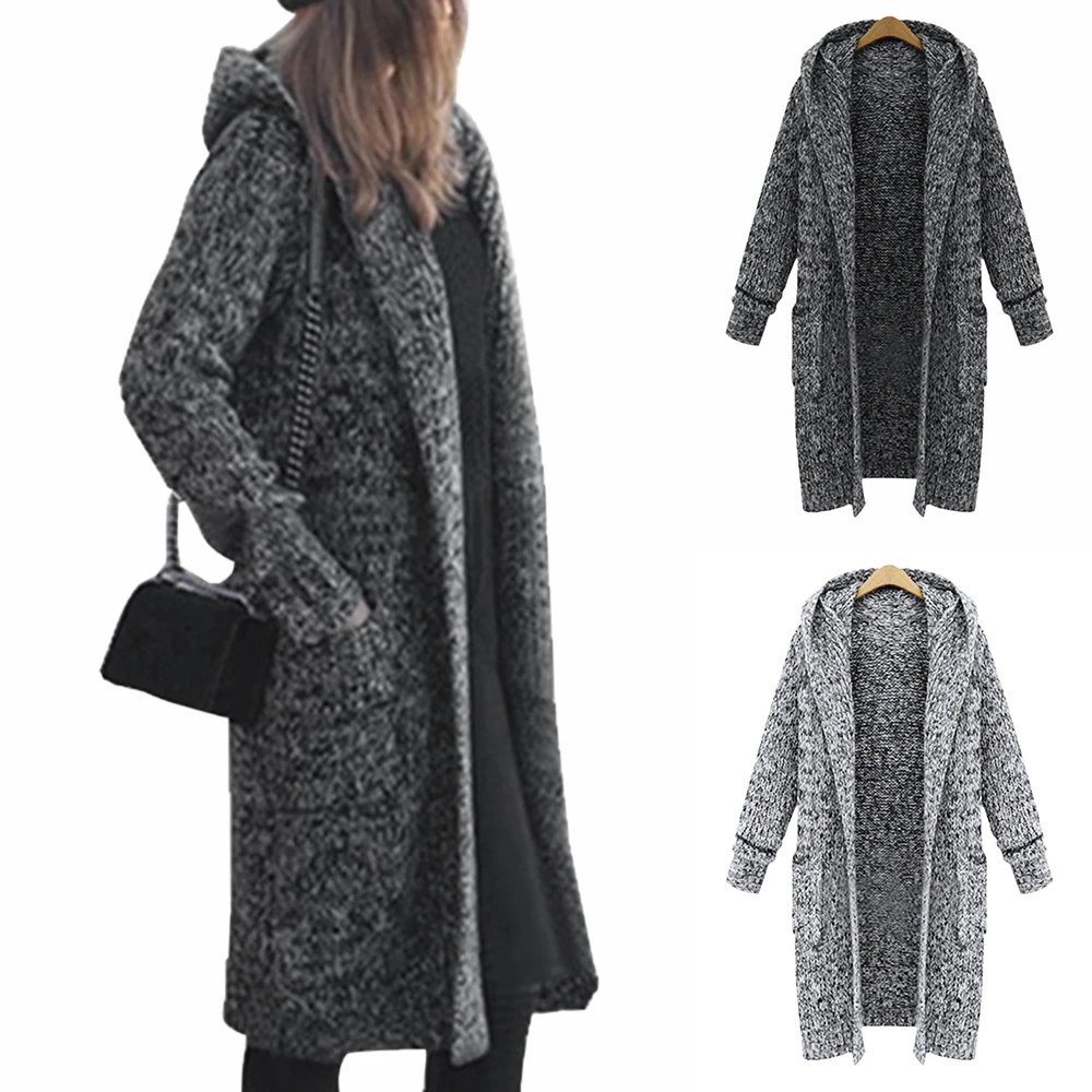 

Autumn Cardigan Knitted Sweater Women Winter Thicken Long Loose Solid Harajuku Streetwear Coats Casual Long Hooded Female Coat