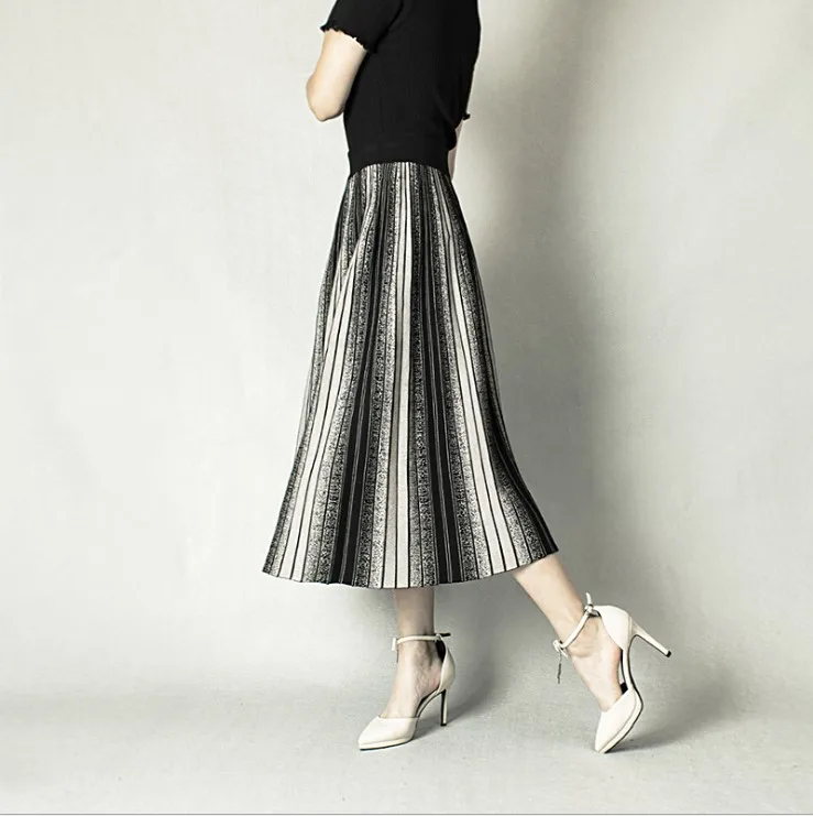 

black grey camel flexible stretch high waisted midi pleated a line ombre warm knitted skirt for women womens skirts saia saias