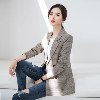 

Ladies suit autumn and winter new plaid double-breasted suit jacket female loose retro casual slim temperament women