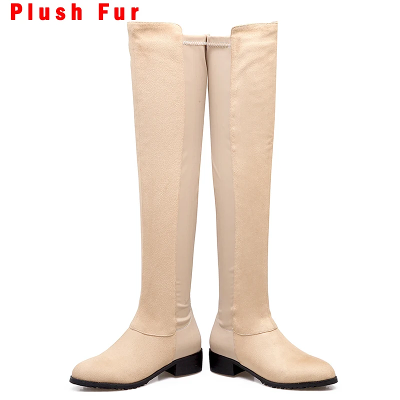 Beige-Fur Haoshen& девочек Для женщин Зимние Замшевые Ботфорты сапоги до колена ботинки с высоким голенищем на низком каблуке, с застежкой-молнией, теплые тонкие высокие сапоги Size33-46 - Цвет: Beige-Fur