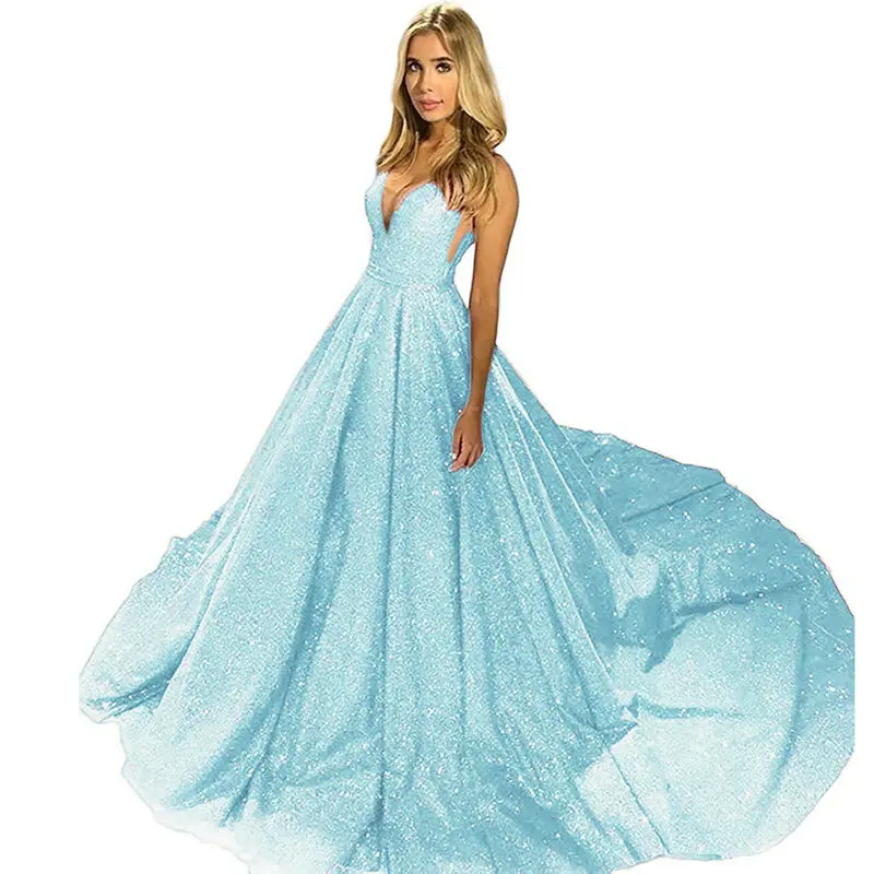 Женское винтажное вечернее длинное платье с блестками, глубокий v-образный вырез, открытая спина, сетка, вечерние платья длиной до пола - Цвет: Небесно-голубой