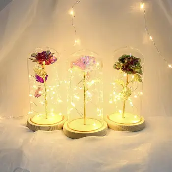 

20LED Wooden Base Night Lights Rose Glass Dome Copper Wire String Lights Mother Valentine Wedding Birthday Party Ornament Gifts