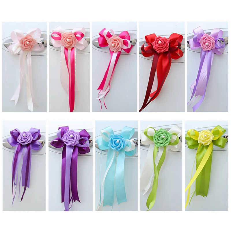 Décoration Voiture Mariage - Lot 6 Fleurs Artificielles Blanches Avec Nœud - Pour Poignées Et Rétroviseurs