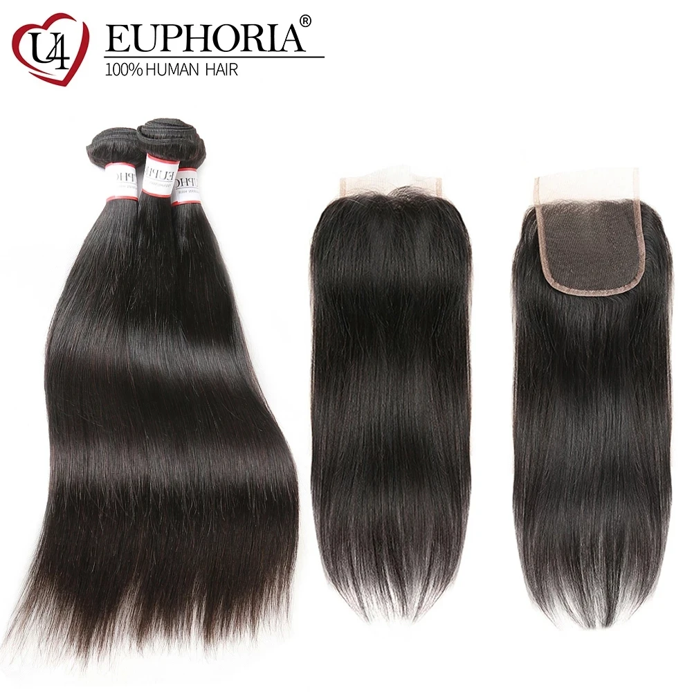 Brazilian Straight Bundles With Closure 100% Human Hair Weave Extensions 3 bundles With 4x4 Lace Closure Non-remy Hair Euphoria