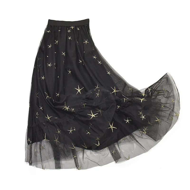 

Spring Summer Skirts Woman Star Printing Black Mesh Fashion Female Pleated Skirt
