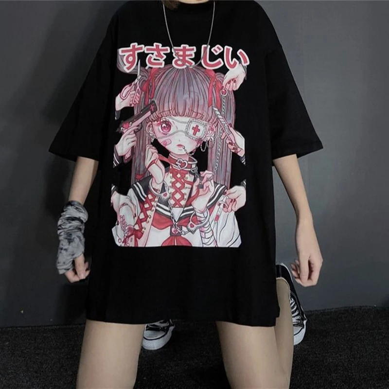 Summer Goth Female Tee Aesthetic Loose Women T-shirt Punk Dark Grunge Streetwear Ladies gothic Top T-shirts Harajuku Clothes y2k