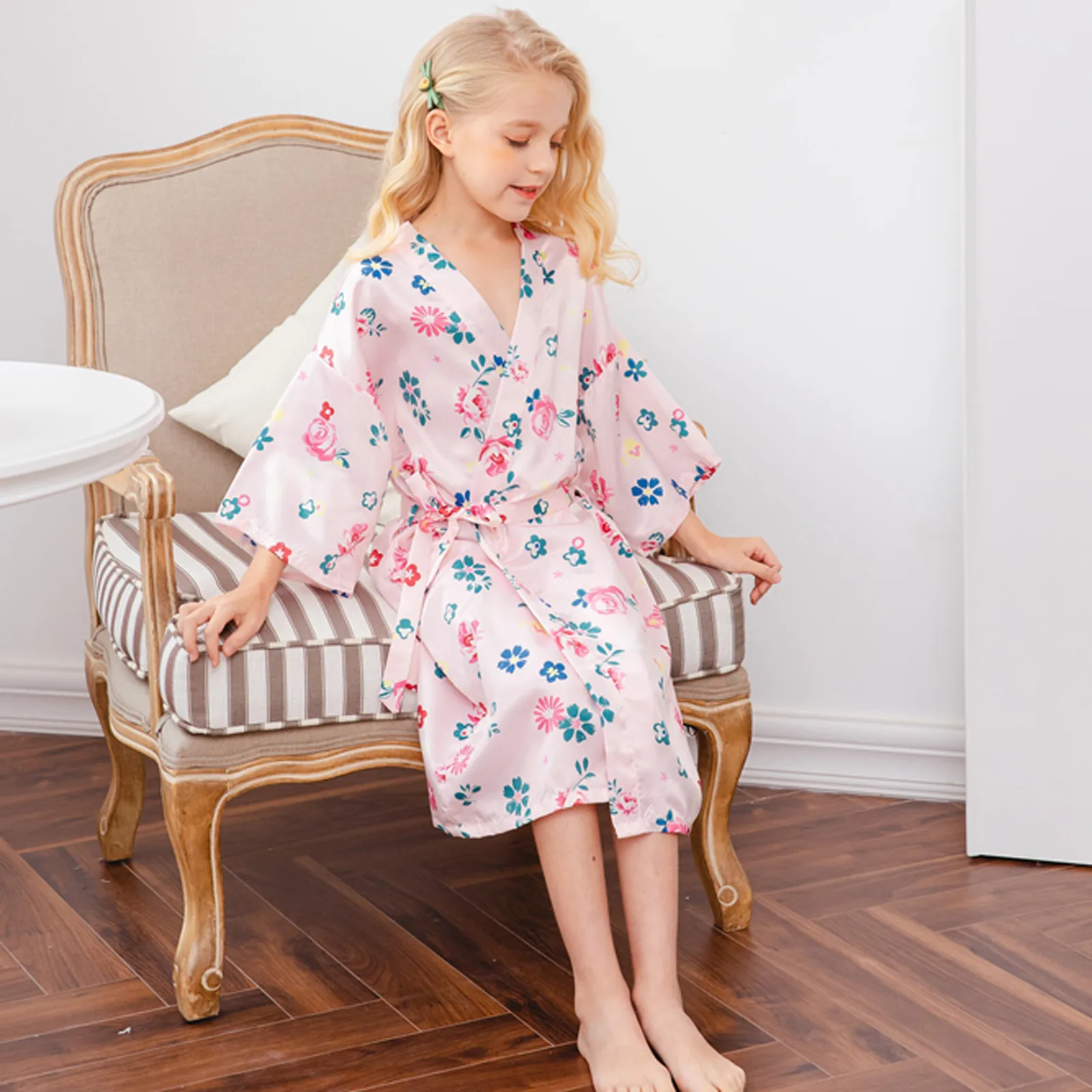 Fashion Toddler Infant Kids Baby Girls Long Sleeve Silk Satin Bathrobe Children Nightgown Cardigan Kimono Bath Robe Homewear#p4 | Мать и