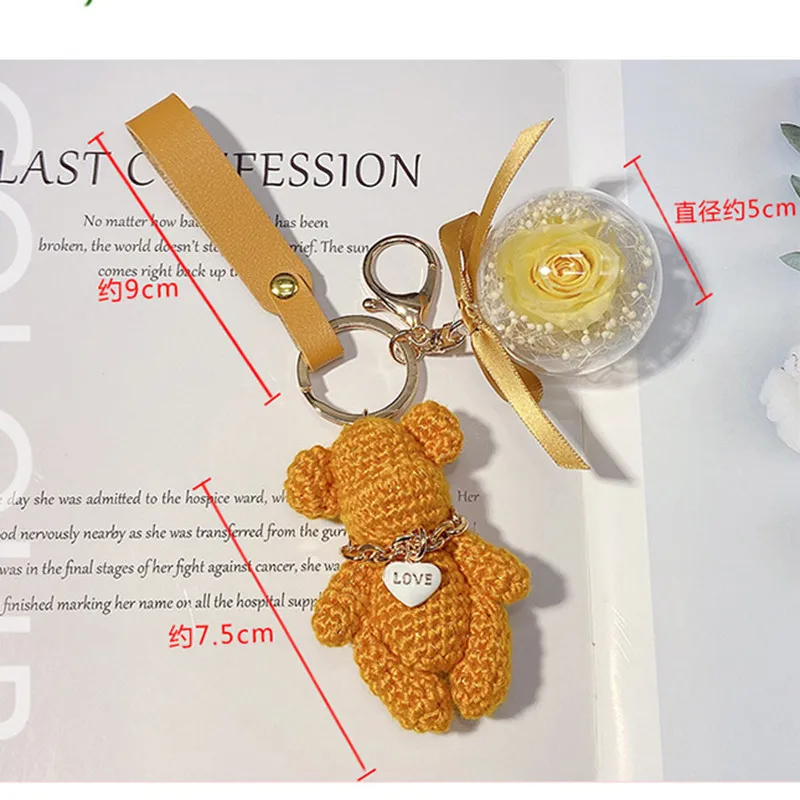Creative Cute Handmade Knitting Gloomy Bear Keychain Women Luxury Natural Flower Key Chain Lanyard Bag Charms Couple Gift