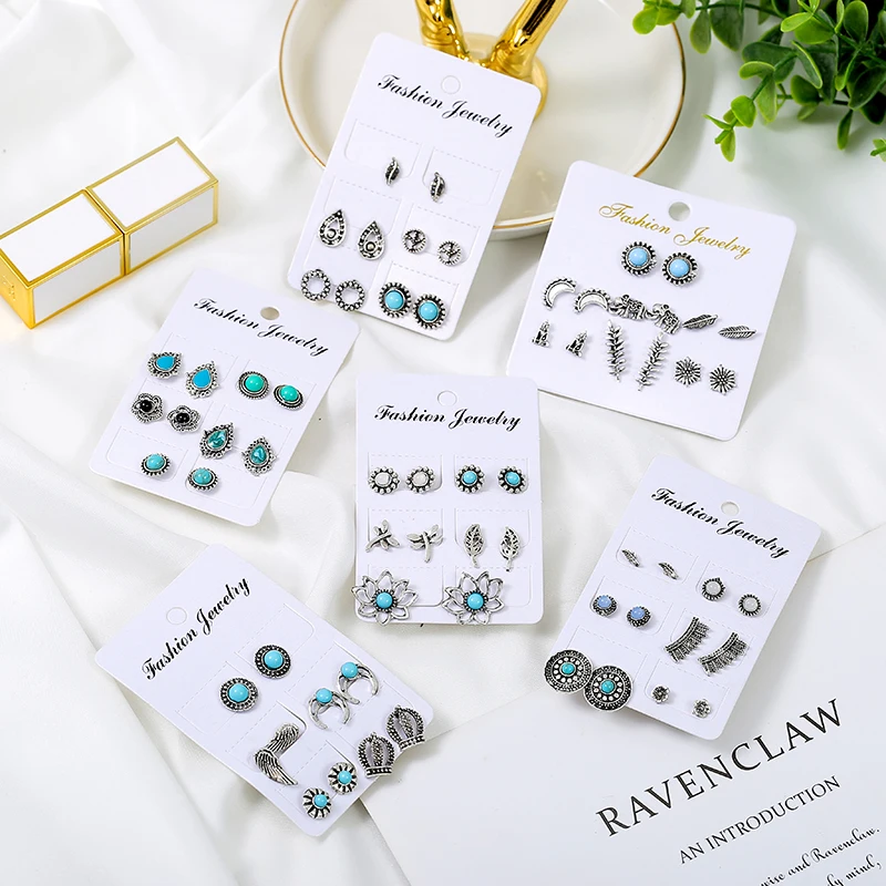 6/7 пар/компл. Boho Корона листьев ипомея белая драгоценный камень Серебряные серьги комплект Для женщин панк говлита Стад Серьги Личность вечерние ювелирные изделия