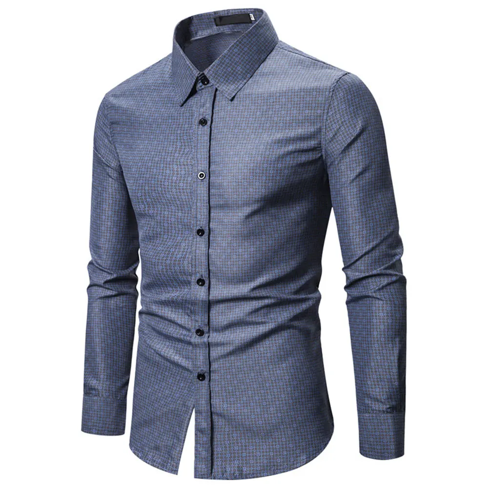 

Mens Business Shirts Social Party Shirts Small Grid Casual Comfortable Camisa Autumn Slim Fit Long Sleeve Shirt Male Light Blue